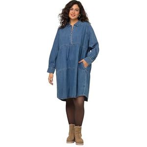 Ulla Popken Womenswear Plus Size Curvy Oversize Denim Gelaagde Ruche Lange Mouw Jurk 809855, Denim, 50-52