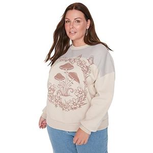 Trendyol Dames sweatshirt met ronde hals, effen, normale grote maten, Beige, XL grote maten