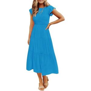 ZESICA Women's 2025 Summer Casual Flutter Short Sleeve Crew Neck Smocked Elastic Waist Tiered Midi Dress,Cobalt Blue,Small