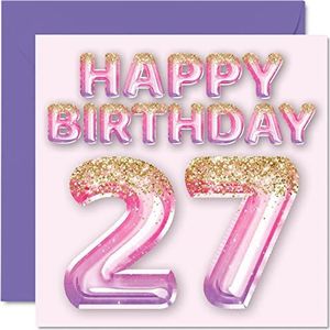 27e verjaardagskaart voor vrouwen - roze & paarse glitterballonnen - gelukkige verjaardagskaarten voor 27-jarige vrouw dochter zus tante neef, 145 mm x 145 mm zevenentwintig wenskaarten cadeau
