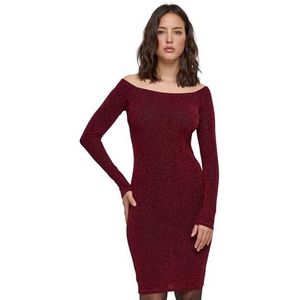 Urban Classics - Off Shoulder Longsleeve Glitter Bodycon jurk - XS - Bordeaux rood