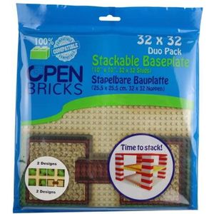 OPEN BRICKS Bouwplaten, 32 x 32 (25,5 x 25,5 cm), Farm Crossing, 2 stuks, compatibel met alle toonaangevende merken, dubbelzijdig te bebouwen, OB-P32FC2 groen, bruin
