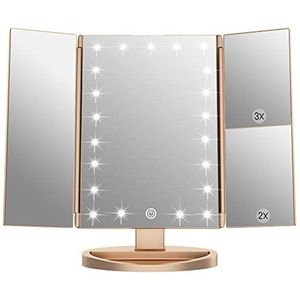 WEILY Make-upspiegel, 1 x / 2 x / 3 x make-upspiegel met drie luiken met 21 led-lampen en verstelbare spiegel met touchscreen, cosmetische toonbankspiegels (goud)