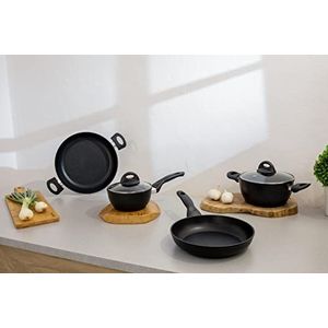 Barazzoni Spa, Dolomitica Extra Black 7-delige set bestaande uit braadpan ø20 en Ø 24 cm, braadpan 1 m ø 16 cm, pan ø20 cm en Ø 24 cm, deksel Ø 20 en 24 cm, inductie, Made in Italy