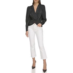 DKNY Dames lange mouwen V-hals satijn wrap shirt blouse, Zwart, S
