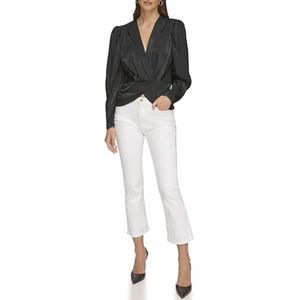 DKNY Dames lange mouwen V-hals satijn wrap shirt blouse, zwart, XS