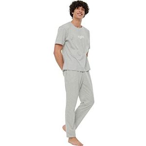 Trendyol Man met slogan dunne gebreide T-shirt-broek pyjama set, Grijs, XL