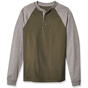 Hanes Heren T-shirts, BeefyT Henley Shirts, Heren Katoen Lange Mouwen Shirts, Camouflage Groen Heide/Oxford Grijs, L