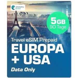 Simmetry Europe & US gegevens eSIM, 5 GB, 90 dagen, compatibel met eSIM-compatibele iOS- en Android-apparaten, hotspot sharing toegestaan, ideaal voor lange reizen of langdurig gebruik.