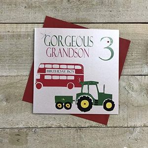 Wit Katoen Kaarten Prachtige kleinzoon 3, Handgemaakte Leeftijd 3 Verjaardagskaart (Tractor, Bus)