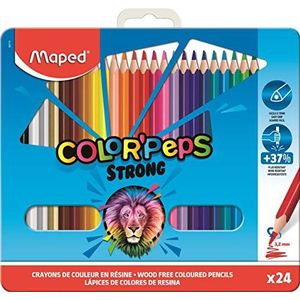 Maped - Kleurpotloden Strong Color'Peps – 24 stiften om in te kleuren, duurzaam en ergonomisch, metalen doos met 24 kunsthars-potloden