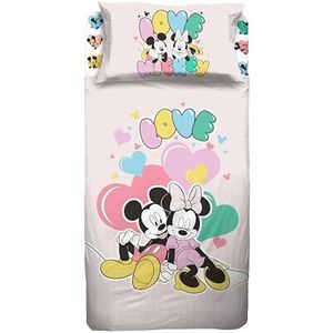 Disney, Mickey en Minnie Mouse, eenpersoons beddengoedset, Disney, hoeslaken, kussensloop, roze, 100% katoen, officieel product