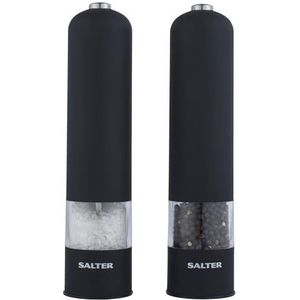 Salter 7524 BKXRUP elektronische zout- en pepermolens, bediening met één hand, zacht aanvoelende rubberen afwerking, keramisch mechanisme, oplichtende basis, matzwart