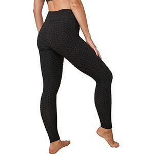 OHS Honingraat Ruches Hoge Taille Leggings voor Vrouwen Yoga Gym Broek Wafel Anti-Cellulite Stretch Scrunch Dames Push Up, Zwart - Groot 14/16