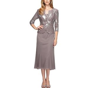 Alex Evenings Women's Tea Length Mock Jacket Dress with Button Front, Pewter/Frost, 14 Petite