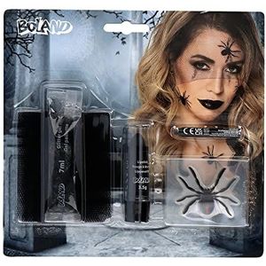 Boland 45097 - schminkset zwarte weduwe, 1 tule, 1 lippenstift, 4 stickers, 1 make-upstift en 1 glittergel, make-upset, make-up, spin, heks, Halloween, carnaval, themafeest