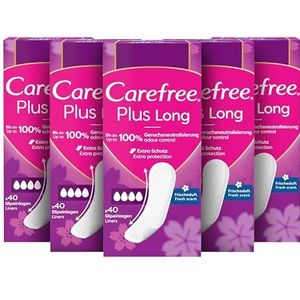 Carefree Inlegkruisjes Plus Long met frisse geur (5 x 40 stuks), super absorberend om vloeistoffen direct in te sluiten, maat Plus Long
