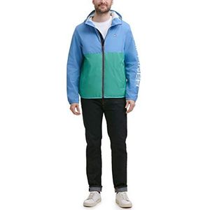 Tommy Hilfiger Lichtgewicht actieve waterbestendige regenjas met capuchon voor heren, Pastel Blauw/Groen Colorblock, M