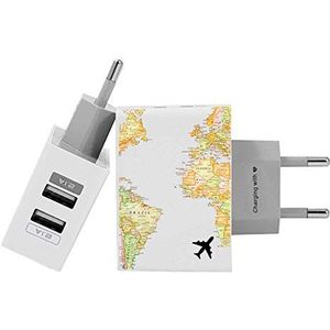 Gocase World Map Blank Wall Charger | Dual USB-oplader | Compatibel met iPhone 11 Pro Max XS Max X XR Samsung S10 + Huawei P30 P20 LG Sony | Voeding wit 1 A / 2.1 A