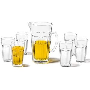 Leonardo Rock 022499 Drankkenset, 6 vaatwasserbestendige waterglazen en glazen kan, set van 7, 340 ml en 1500 ml