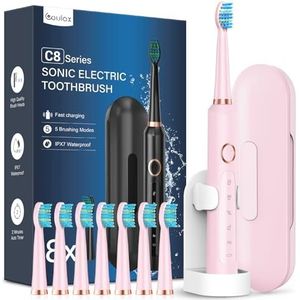 Elektrische ultrasone tandenborstels voor volwassenen, met 8 borstelkoppen, elektrische tandenborstel met etui, 5 modi en IPX7, 120 dagen oplaadtijd, tandenborstel voor dames en heren, kersenroze