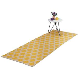 Relaxdays vloerkleed katoen - 80x200 cm - tapijt - binnenkleed - ruitjes - diverse kleuren - geel