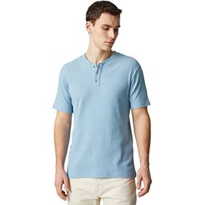 Koton Basic T-shirt voor heren, mandarijn, kraag, knopen, slim fit, korte mouwen, blauw (637), XXL