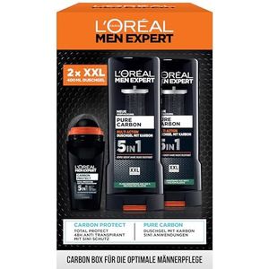 L'Oréal Men Expert Cadeauset voor mannen met 5-in-1 deodorant en XXL 5-in-1 douchegel voor haar, lichaam en gezicht, voordeelverpakking met Carbon Protect deoroller en Pure Carbon Bodywash, 3-delig