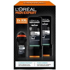 L'Oréal Men Expert Cadeauset voor mannen met 5-in-1 deodorant en XXL 5-in-1 douchegel voor haar, lichaam en gezicht, voordeelverpakking met Carbon Protect deoroller en Pure Carbon Bodywash, 3-delig