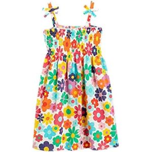 Koton Meisjesjurk met spaghettibandjes, gedetailleerde elastische bloemenprint, midi katoenen jurk, Oranje design (19e), 3-4 Jaren