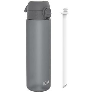 Ion8 Waterfles Met Rietje, 500 ml/18 oz, Lekvrij, Makkelijk te Openen, Veilige Sluiting, Vaatwasserbestendig, BPA Vrij, Hygiënische Flip Cover, Draaghendel, Makkelijk Schoon te Maken, Geurloos, Grijs