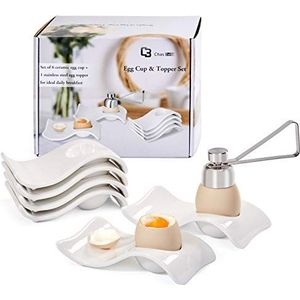 ChasBete Eierbekers Set van 6, keramische eierhouder+ gekookte eiersnijder, wit eierdopdecor voor ontbijt en brunch