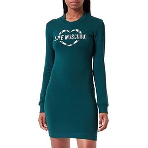 Love Moschino Dames strakke pasvorm lange mouwen stretch katoen modal fleece met hart olografische print jurk, groen, 44