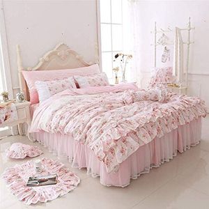 LELVA Romantische Rozen Print Dekbedovertrek Set met Bedrok Roze Kant Ruche Bloemen Shabby Chic Beddengoed Sets Volledige 4-delig