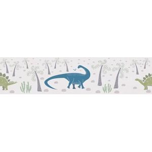 Kinderkamerbehang Lilly & Luis van A.S. Création: duurzaam vliesbehang met dinosaurusmotief, 5,00 m x 0,13 m, blauw, veelkleurig, groen, made in Germany, 771411.
