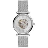 Fossil Carlie horloge voor dames, automatisch uurwerk met roestvrij stalen horlogeband of leren band, Zilvertint