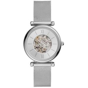 Fossil Carlie horloge voor dames, automatisch uurwerk met roestvrij stalen horlogeband of leren band, Zilvertint