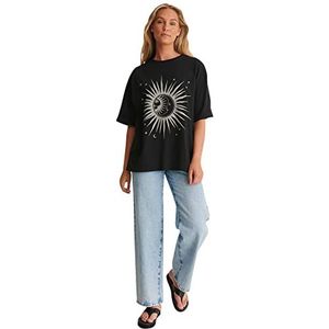 NA-KD T-shirt voor dames met zon en maan, Zwart, L