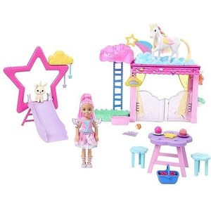 Chelsea Barbie Pop en Baby Pegasus Speelset, speelgoed met gevleugeld paard, Barbie A Touch of Magic, set met stal, konijntje en accessoires, JCW56