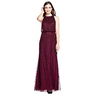 Adrianna Papell Women's Art Deco Beaded Blouson Dress with Halter Neckline, Cassis, 12