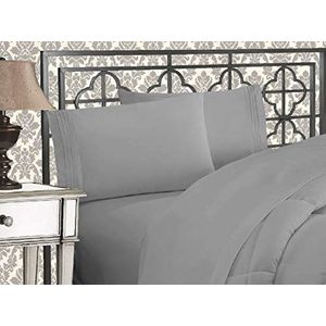 Elegant Comfort Luxe 1500 draadtelling Egyptische kwaliteit drie lijnen geborduurd zachtste premium hotelkwaliteit 4-delige lakenset, kreuk- en vervagingsbestendig, kingsize, zilver-lichtgrijs