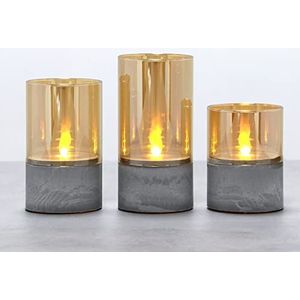 Fanna Flikkerende vlamloze kaarsen, beton batterij aangedreven led-kaarsen met timer, set van 3 - H 10,2 cm/12,7 cm/15,2 cm (goud glas)