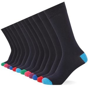 FM London Set van 12 slimme herensokken, ademende effen sokken met patroon en zwarte sokken voor heren, katoenen sokken voor heren, geschikt voor werk- en vrijetijdskleding, marine/kleur hiel en teen,