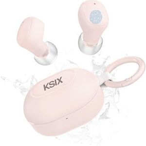 KSIX Neutron draadloze hoofdtelefoon, True Wireless Stereo, multifunctionele knop, oproepen, spraakassistent, oplaadbox met karabijnhaak, autonomie 4 uur + 16 uur, USB-C, IPX4 waterdicht, roze