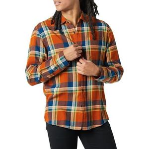 Amazon Essentials Men's Flanellen overhemd met lange mouwen (verkrijgbaar in grote en lange maten), Blauw Roest Oranje Plaid, XS