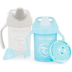 Twistshake 2x Non-Spill Mini Baby Drinkbeker Met Zachte Tuit & Fruit Mixer - 230ml | Lekvrije Baby Waterfles | BPA-Vrij | Oefenbeker Voor Kinderen | Wit Blauw