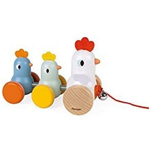 Janod - Wooden Pull Along Hen and Chicks - Pull Along Toy - Early Learning and Early Years Toys - Silent Wheels - Learning Motor Skills and Imagination - Fsc Certified - from 18 Months, J08259
