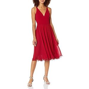 Dress the Population Alicia Mouwloze midi-jurk met diepe V-hals, mix van materialen, uitlopend model, Granaat, M