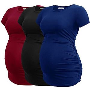 Smallshow Zwangerschapskleding Tops Kant Ruches Zwangerschap Kleding voor Vrouwen 3-Pack, Zwart/Marine/Wijn, L