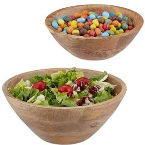 Relaxdays houten saladeschaal, set van 2, mangohout, Ø 23 en 29 cm, ronde serveerschalen voor snacks, fruitschaal, bruin